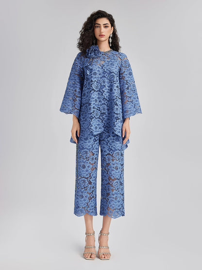 Retro Mavi Yıkamalı Dantelli Lastikli Pantolon