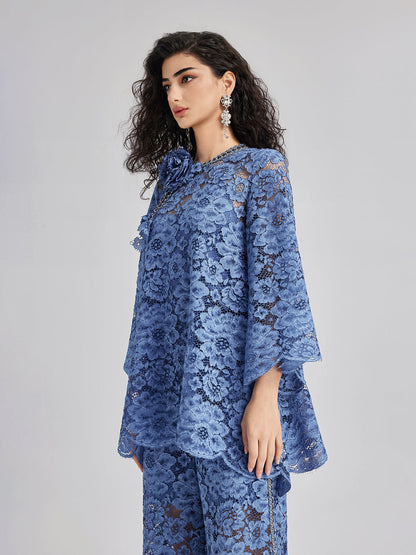 Retro Mavi Yıkamalı Dantelli Bluz