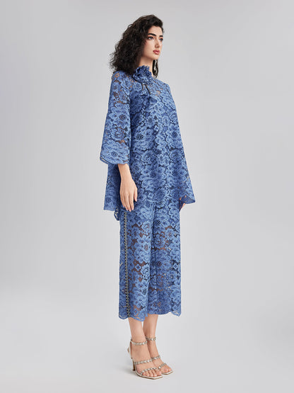 Retro Mavi Yıkamalı Dantelli Bluz