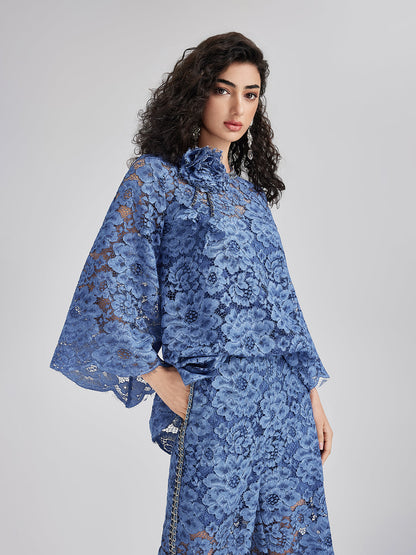 Retro Mavi Yıkamalı Dantelli Bluz