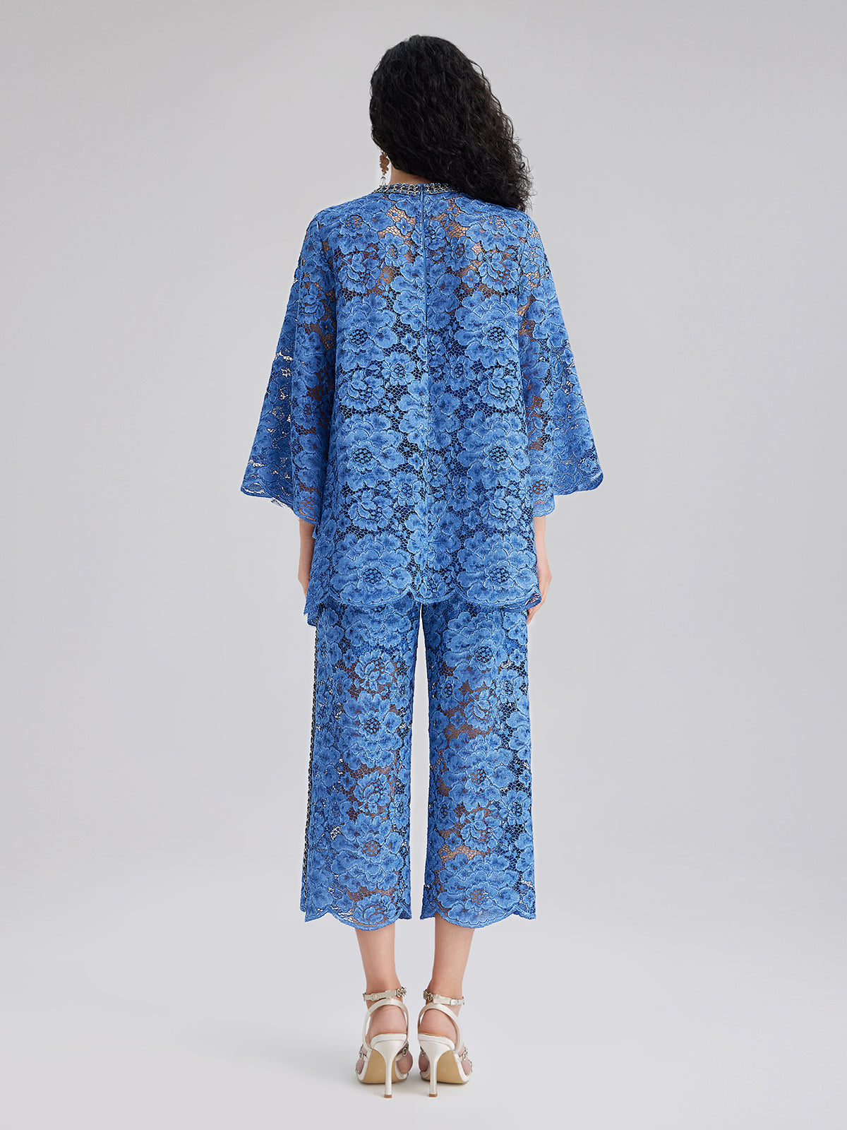 Retro Mavi Yıkamalı Dantelli Bluz