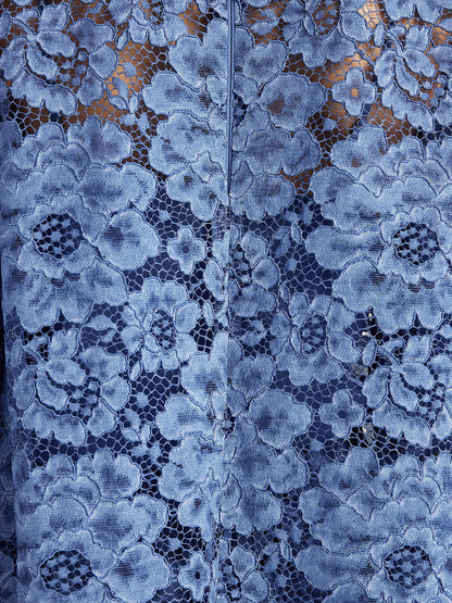 Retro Mavi Yıkamalı Dantelli Bluz