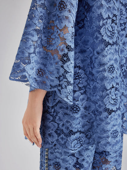 Retro Mavi Yıkamalı Dantelli Bluz