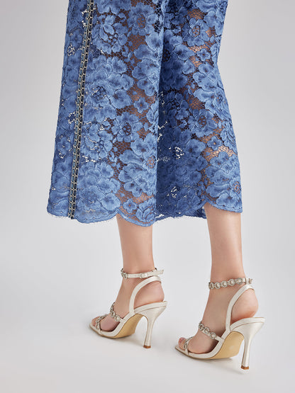 Retro Mavi Yıkamalı Dantelli Lastikli Pantolon