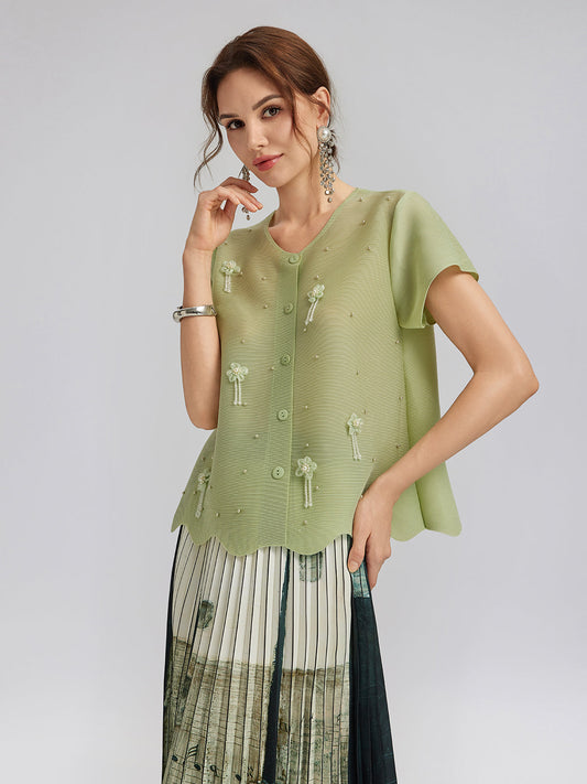 Püsküllü Çiçekli Pileli Boncuklu V Yaka Bluz