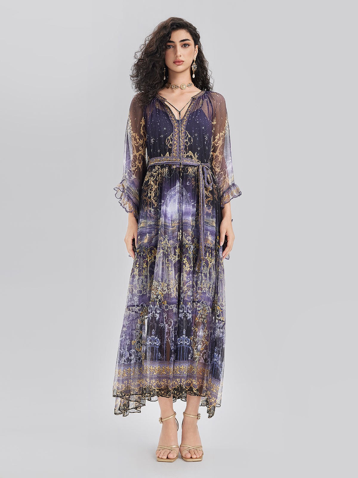 İpek Kristal Taşlı Barok Desenli Elbise