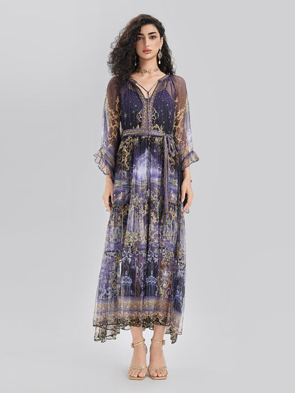 İpek Kristal Taşlı Barok Desenli Elbise