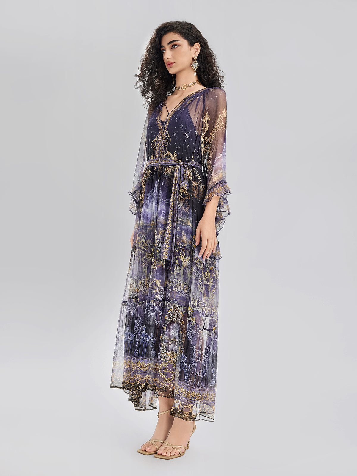 İpek Kristal Taşlı Barok Desenli Elbise