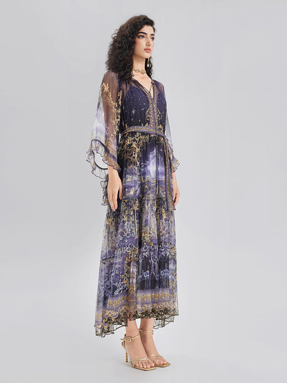 İpek Kristal Taşlı Barok Desenli Elbise