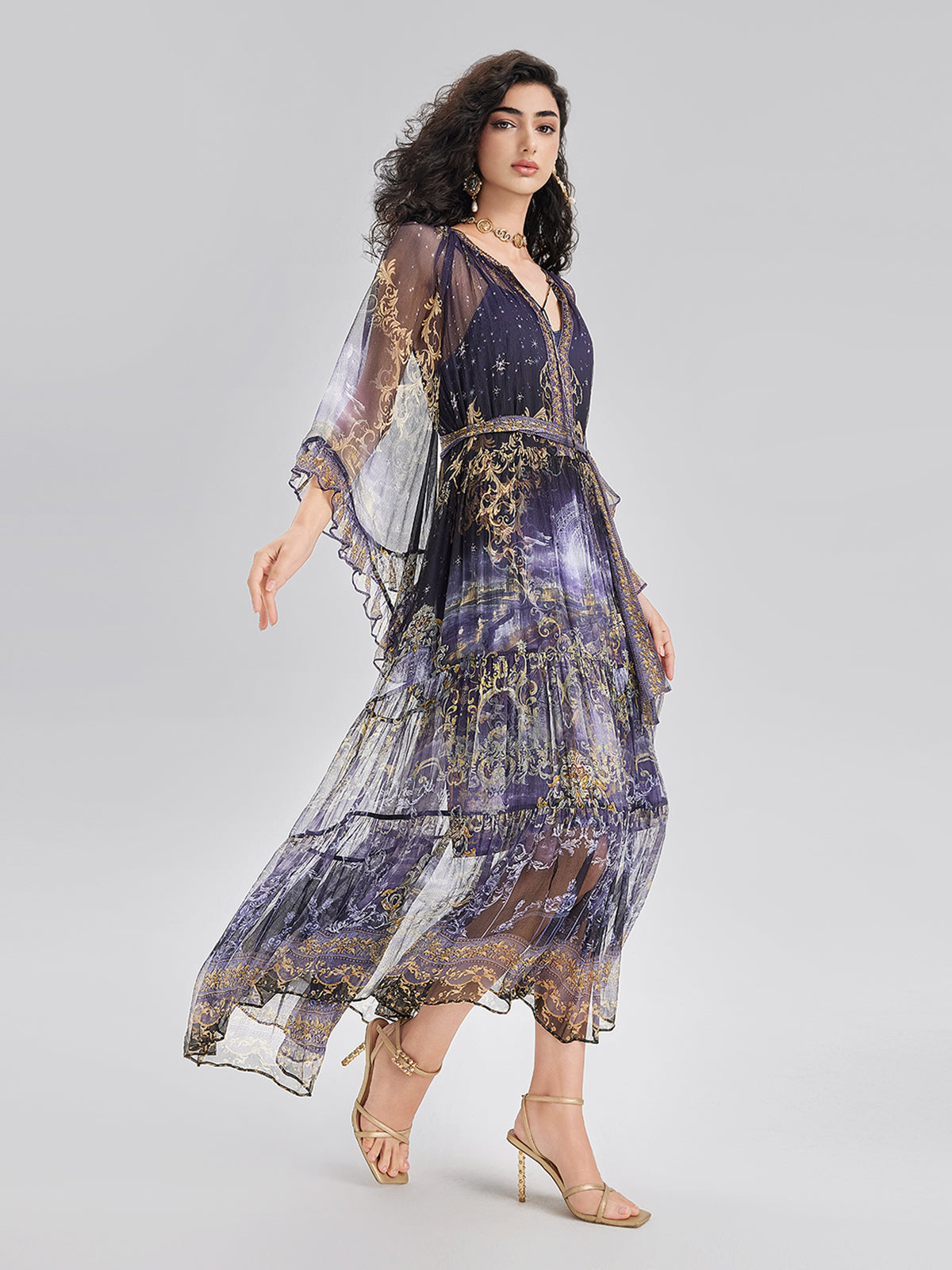 İpek Kristal Taşlı Barok Desenli Elbise