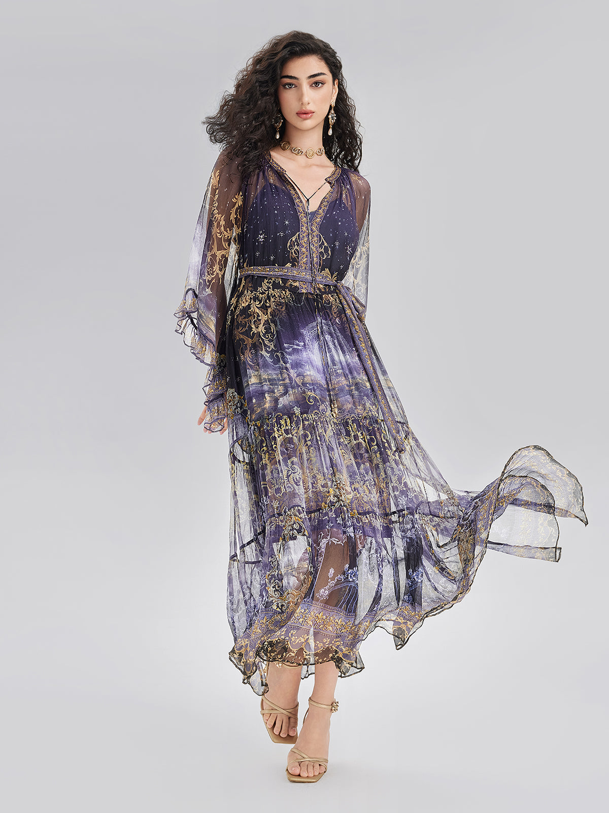 İpek Kristal Taşlı Barok Desenli Elbise