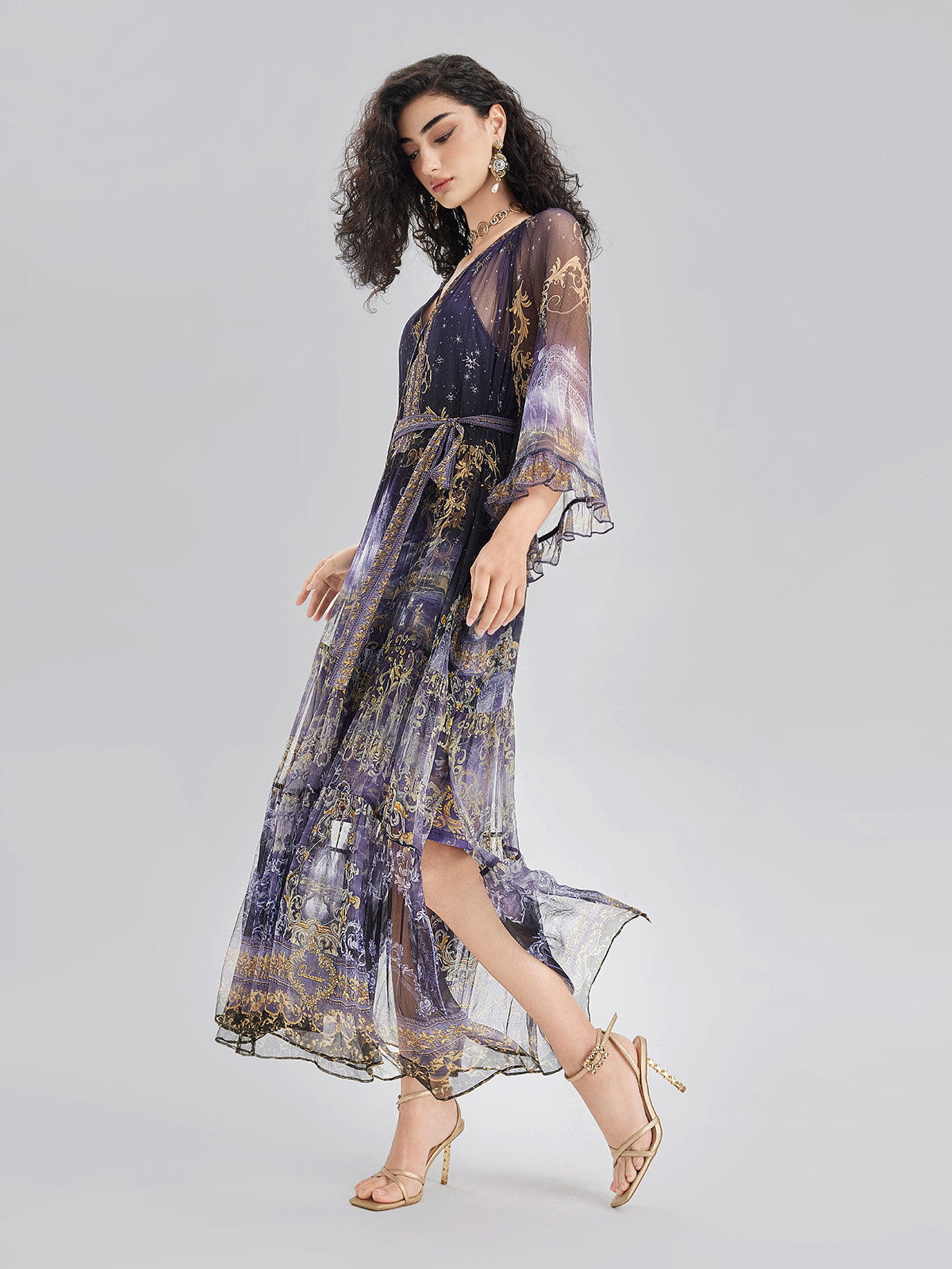 İpek Kristal Taşlı Barok Desenli Elbise