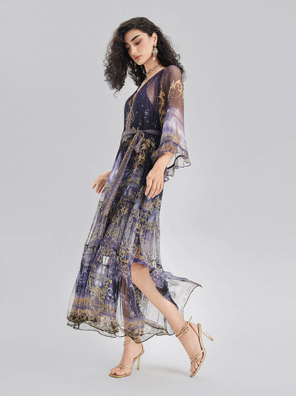 İpek Kristal Taşlı Barok Desenli Elbise