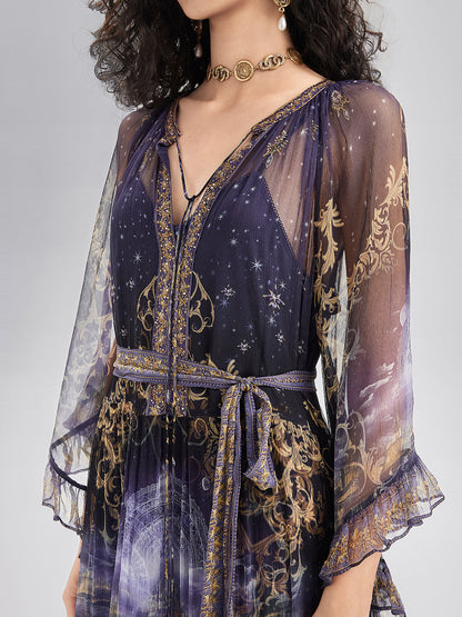 İpek Kristal Taşlı Barok Desenli Elbise