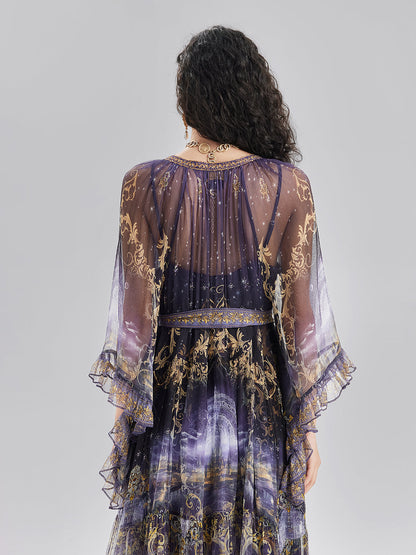 İpek Kristal Taşlı Barok Desenli Elbise