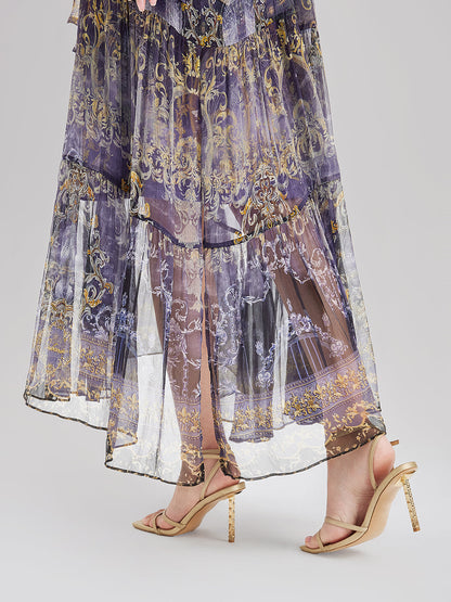 İpek Kristal Taşlı Barok Desenli Elbise