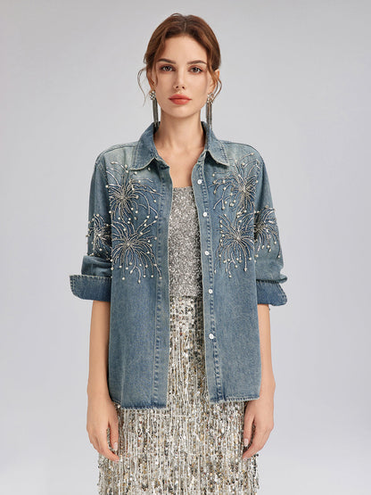 El İşlemeli Nakışlı Kot Gömlek