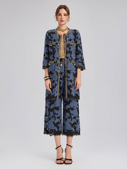 El İşlemesi Kurdeleli Jakar Dantel Bol Pantolon