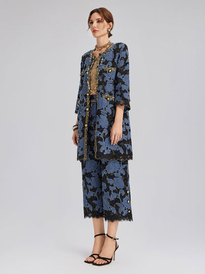 El İşlemesi Kurdeleli Jakar Dantel Bol Pantolon