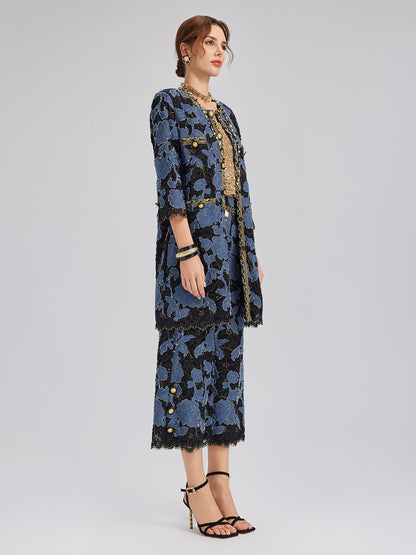 El İşlemesi Kurdeleli Jakar Dantel Bol Pantolon