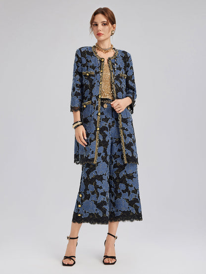 El İşlemesi Kurdeleli Jakar Dantel Bol Pantolon