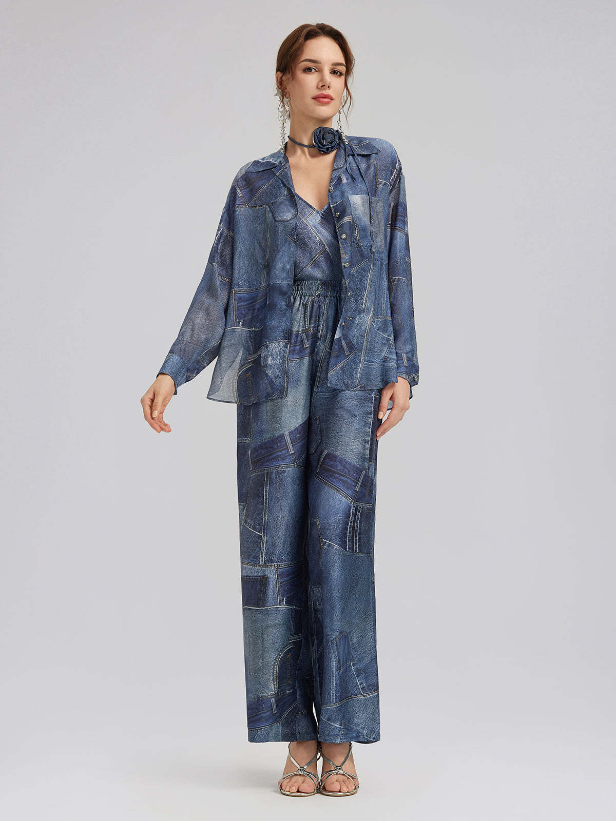 İpek Şifon Kot Desenli Gömlek