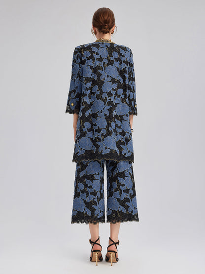 El İşlemesi Kurdeleli Jakar Dantel Bol Pantolon