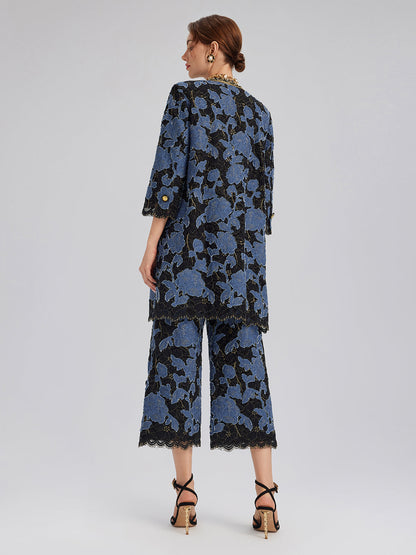 El İşlemesi Kurdeleli Jakar Dantel Bol Pantolon