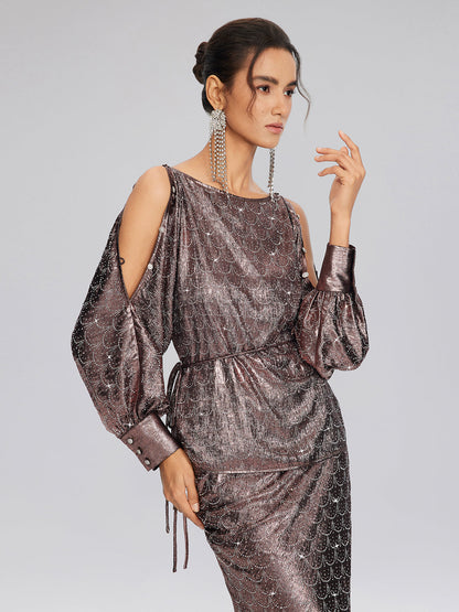 Omzu Açık Taşlı Bluz