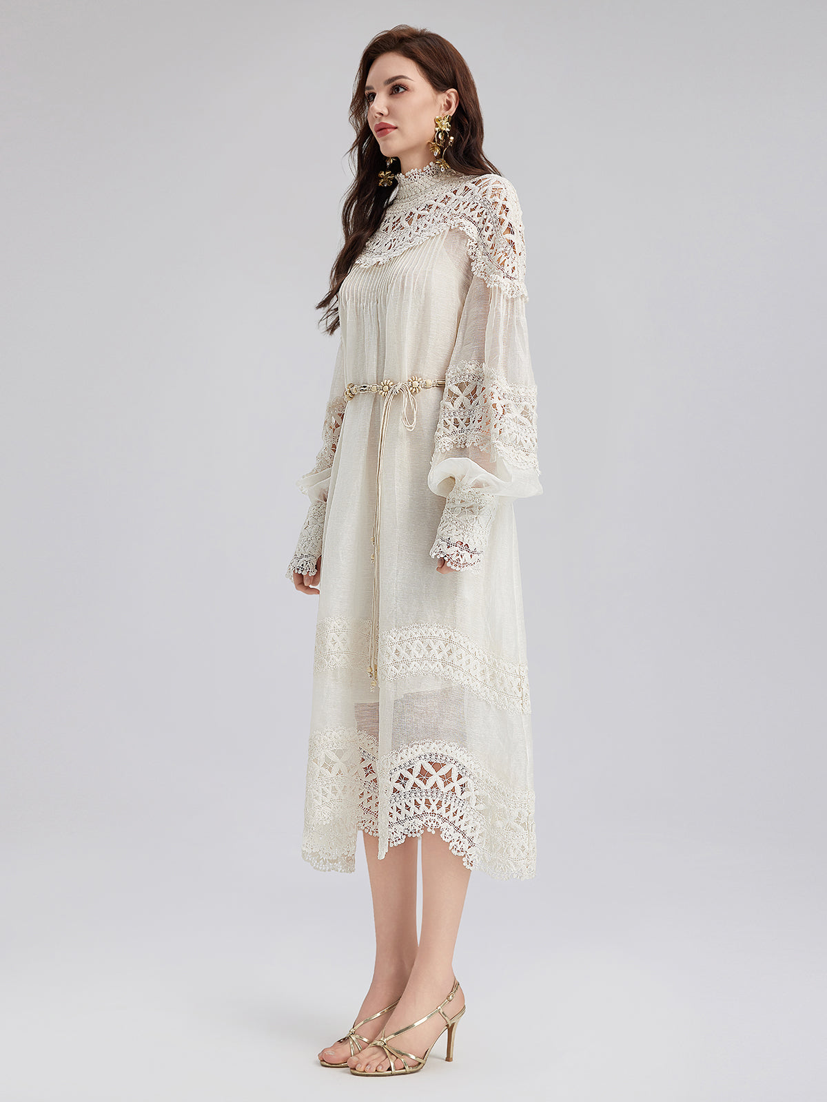 Fransız Keten Delikli Dantel Elbise