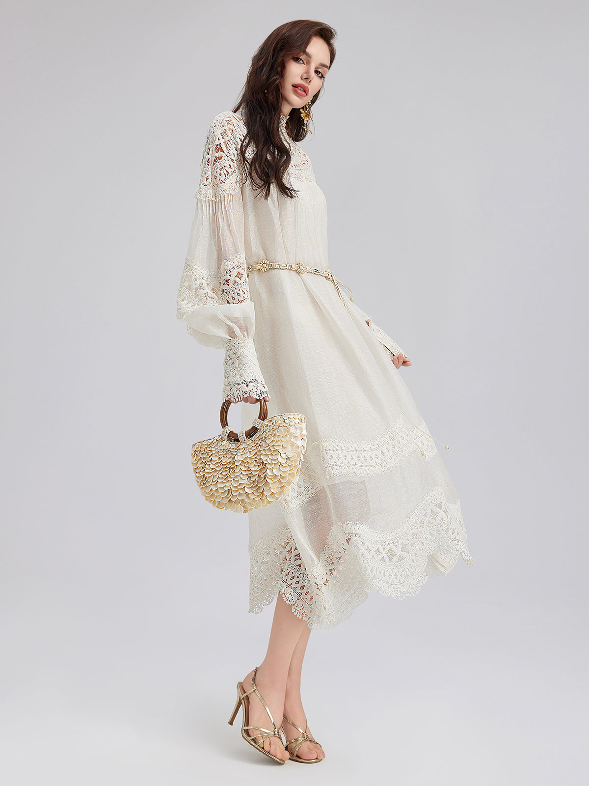 Fransız Keten Delikli Dantel Elbise