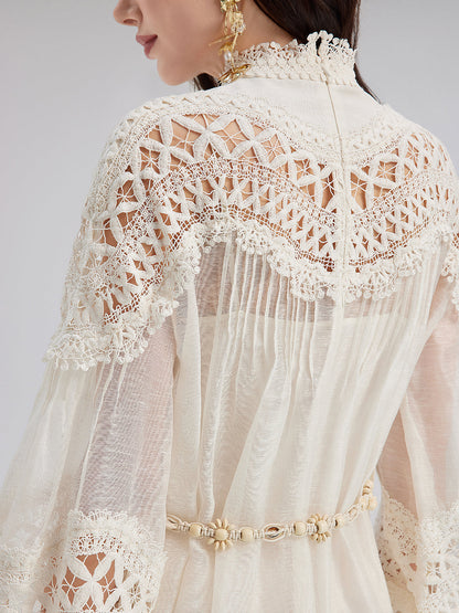 Fransız Keten Delikli Dantel Elbise