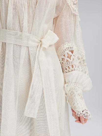 Fransız Keten Delikli Dantel Elbise