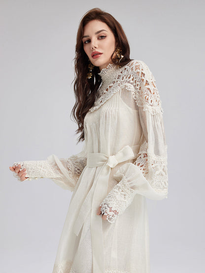 Fransız Keten Delikli Dantel Elbise