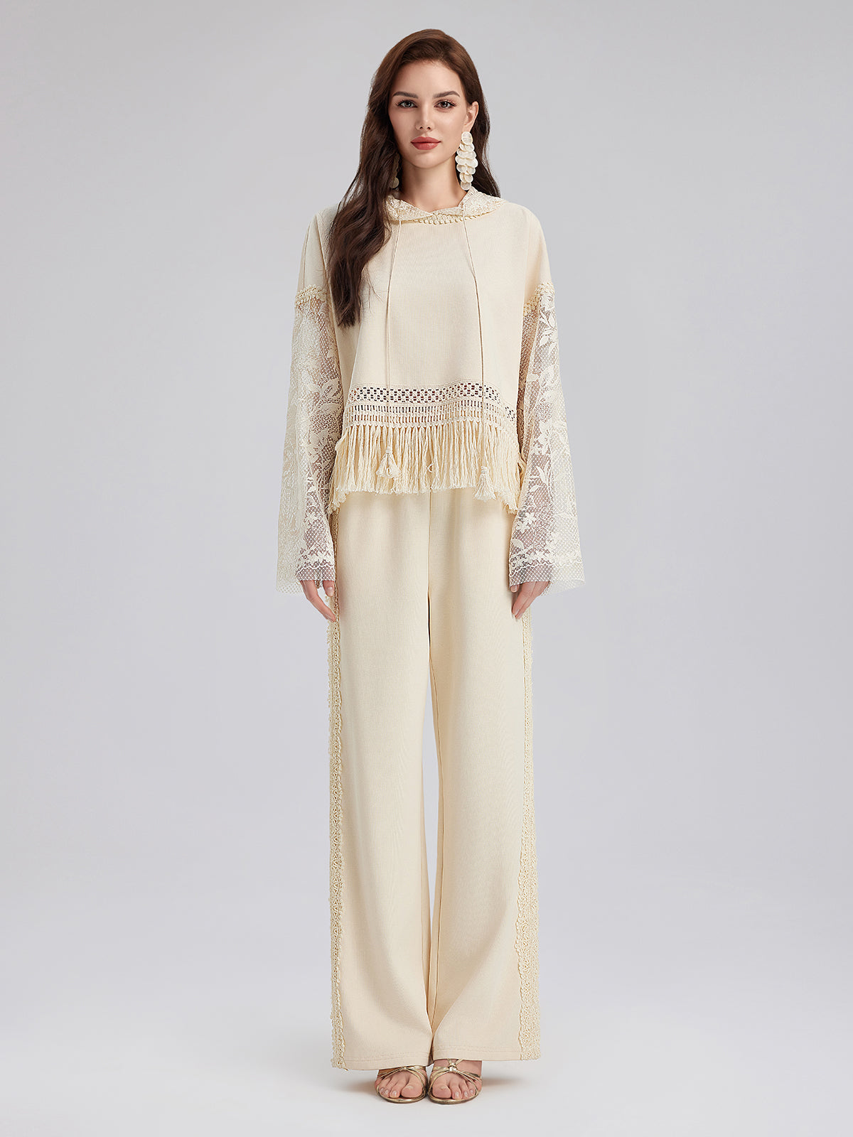 Pamuk-Keten Dantelli Düz Triko Pantolon