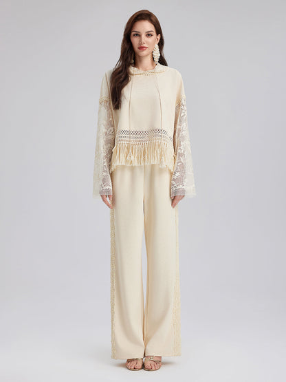 Pamuk-Keten Püsküllü Dantelli Triko Bluz