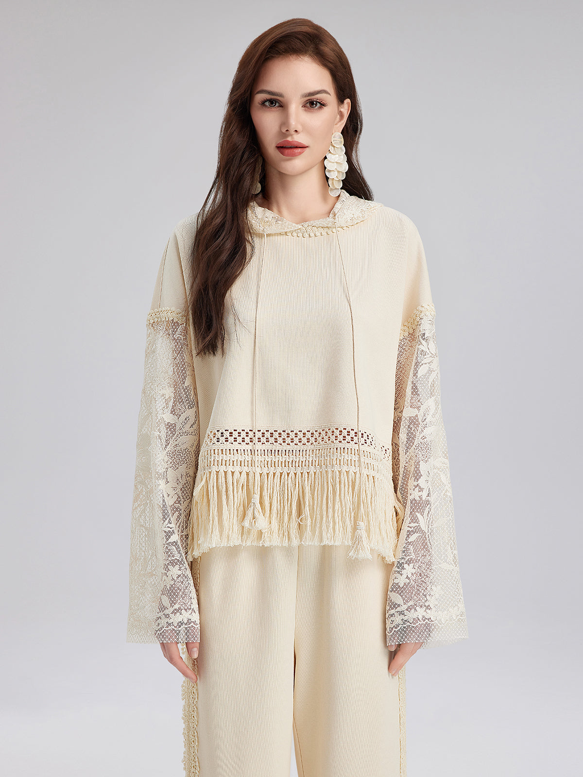 Pamuk-Keten Püsküllü Dantelli Triko Bluz