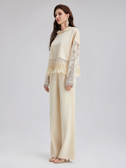 Pamuk-Keten Dantelli Düz Triko Pantolon