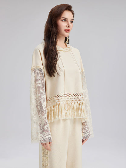 Pamuk-Keten Püsküllü Dantelli Triko Bluz