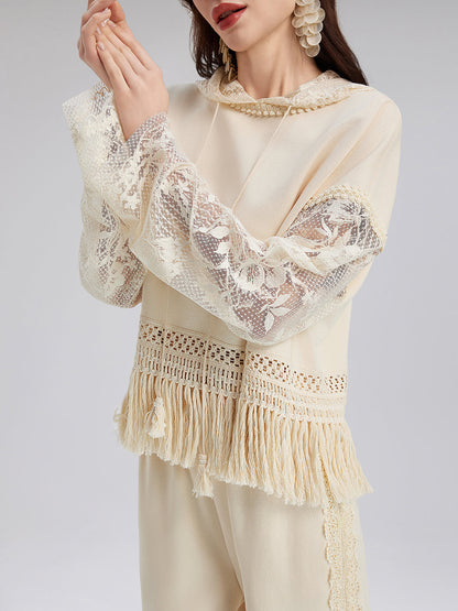 Pamuk-Keten Püsküllü Dantelli Triko Bluz