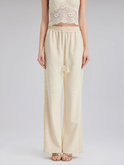 Pamuk-Keten Dantelli Düz Triko Pantolon