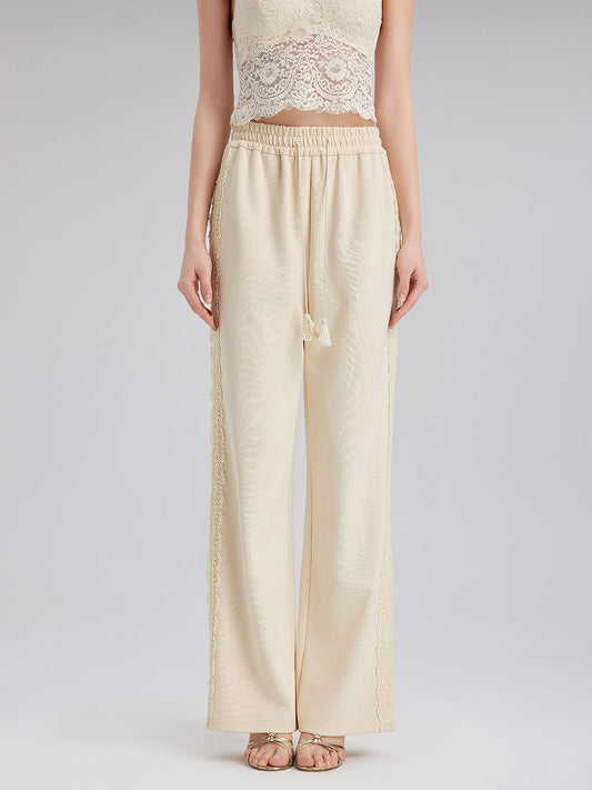 Pamuk-Keten Dantelli Düz Triko Pantolon
