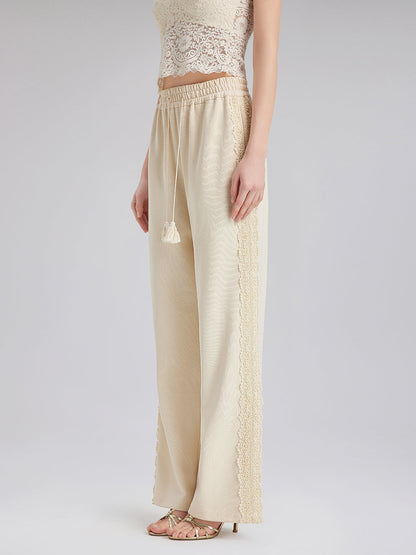 Pamuk-Keten Dantelli Düz Triko Pantolon
