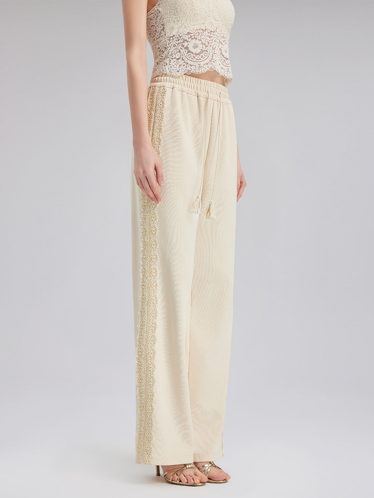 Pamuk-Keten Dantelli Düz Triko Pantolon