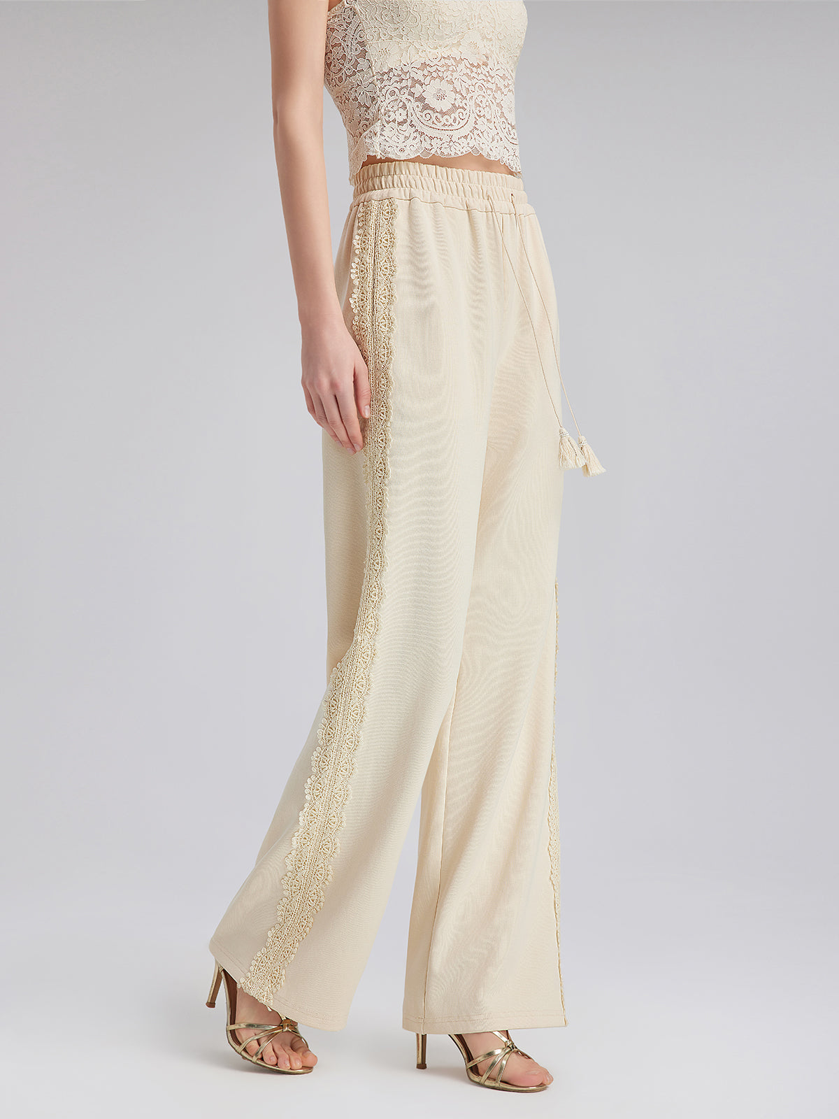 Pamuk-Keten Dantelli Düz Triko Pantolon