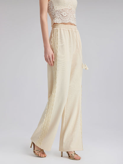 Pamuk-Keten Dantelli Düz Triko Pantolon