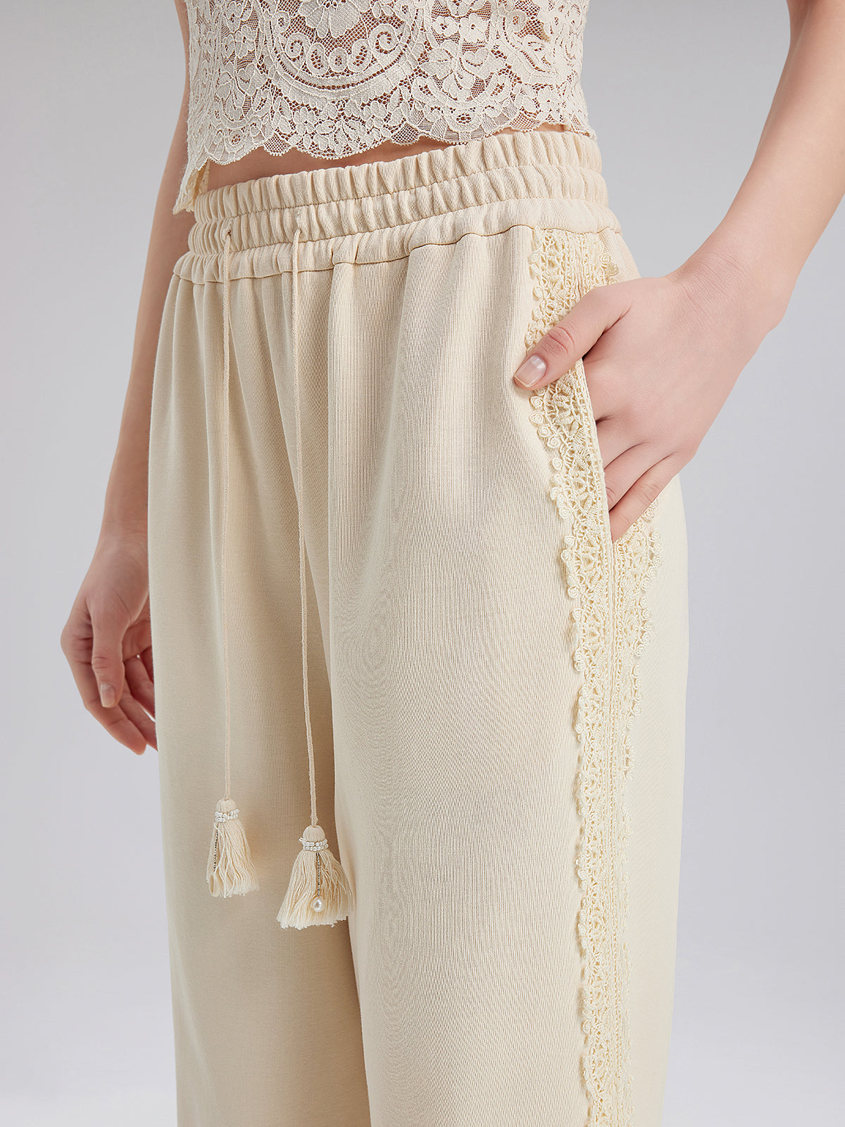 Pamuk-Keten Dantelli Düz Triko Pantolon