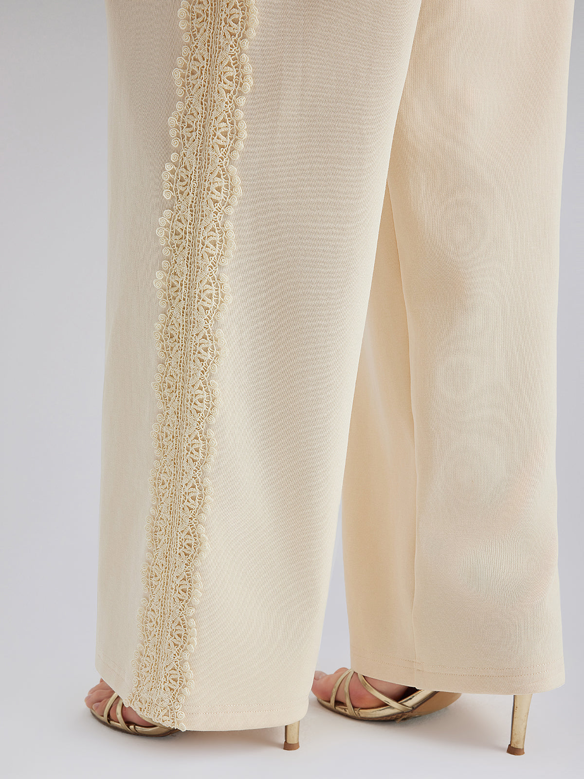 Pamuk-Keten Dantelli Düz Triko Pantolon