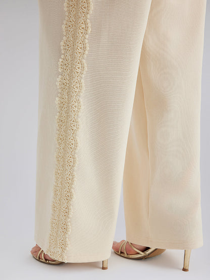 Pamuk-Keten Dantelli Düz Triko Pantolon