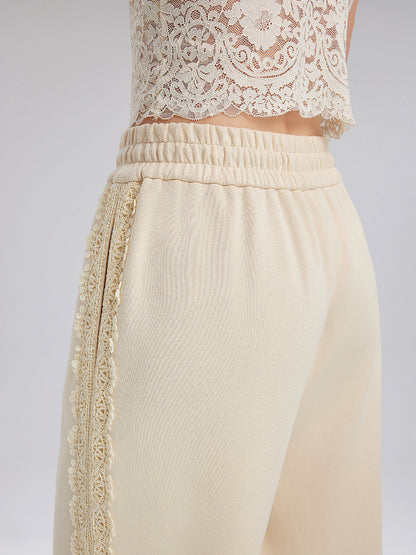 Pamuk-Keten Dantelli Düz Triko Pantolon